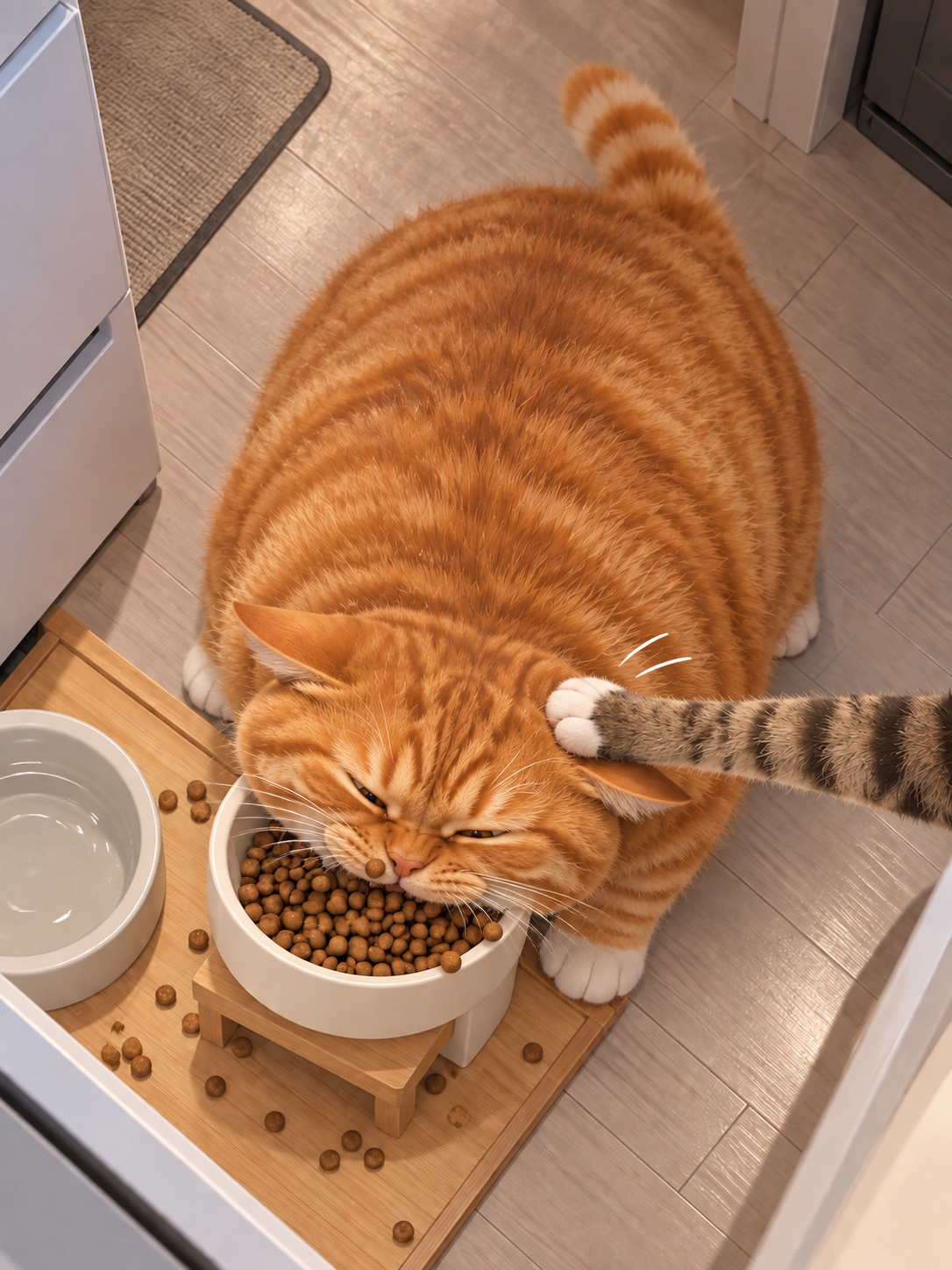 一只胖橘猫埋头吃猫粮