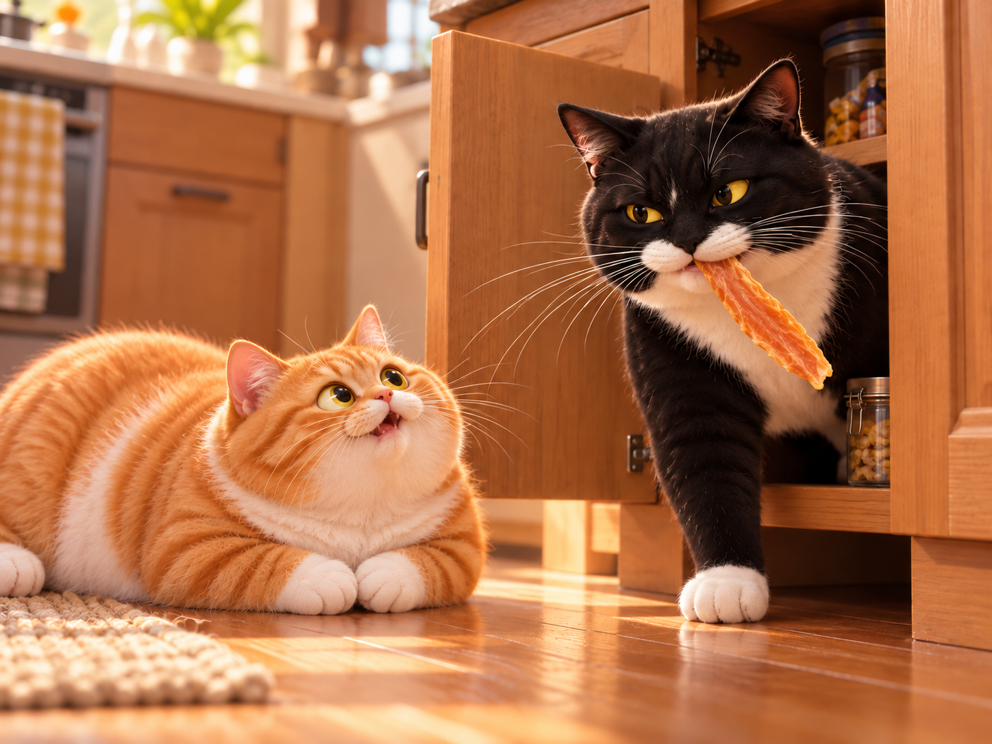 橘猫期待地看着帮它找食物的黑白猫