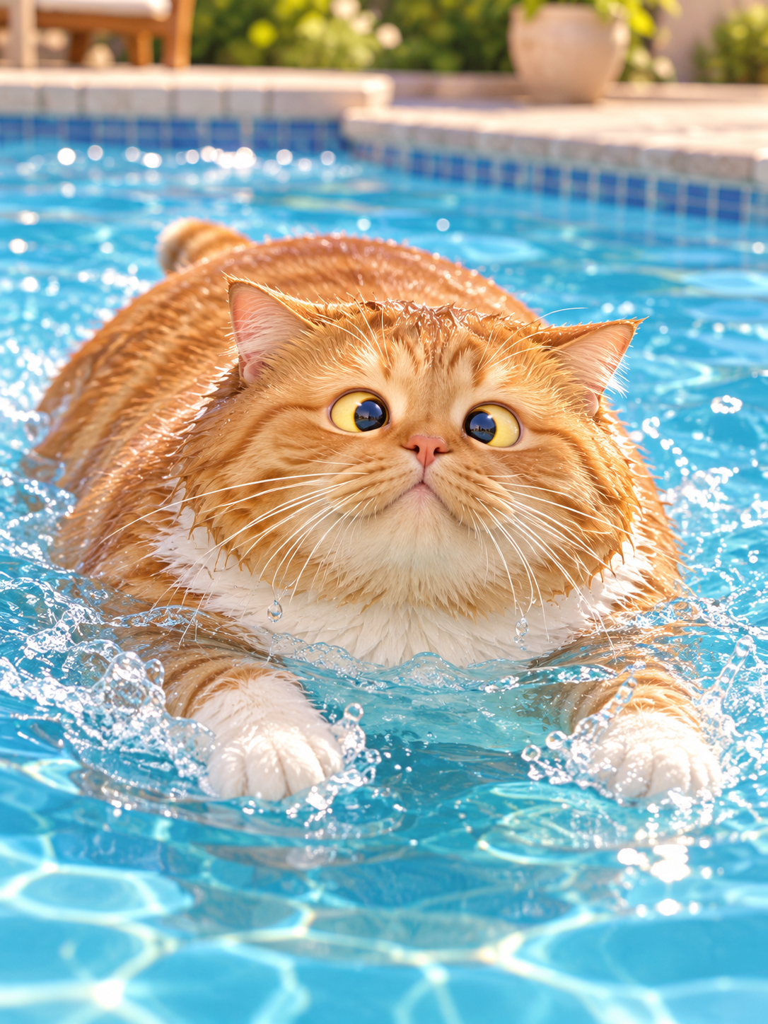 一只胖橘猫在泳池里游泳