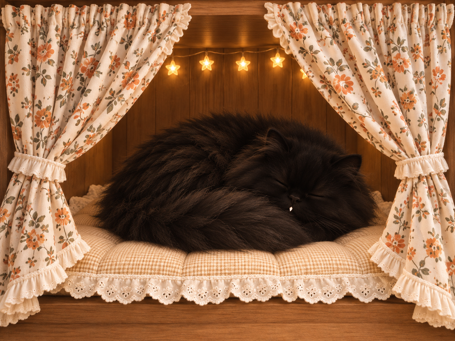飞仙在碎花帘子围起的书柜猫窝里安睡