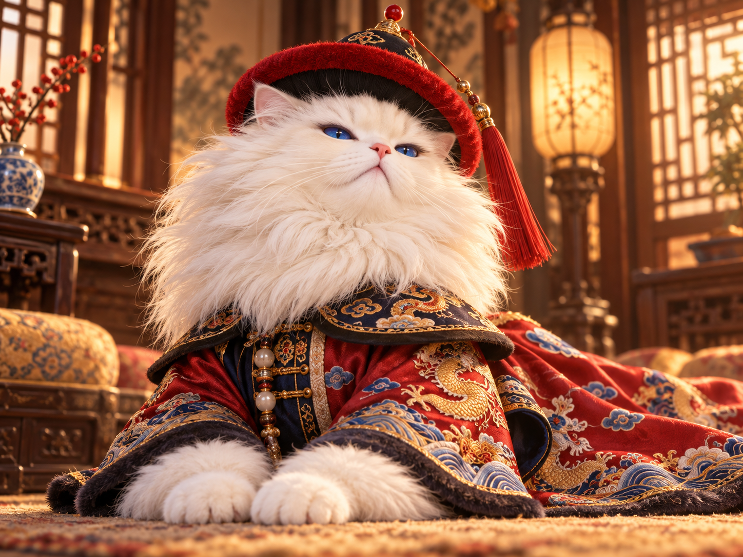 穿着华丽服饰、神情威严的白色狮子猫