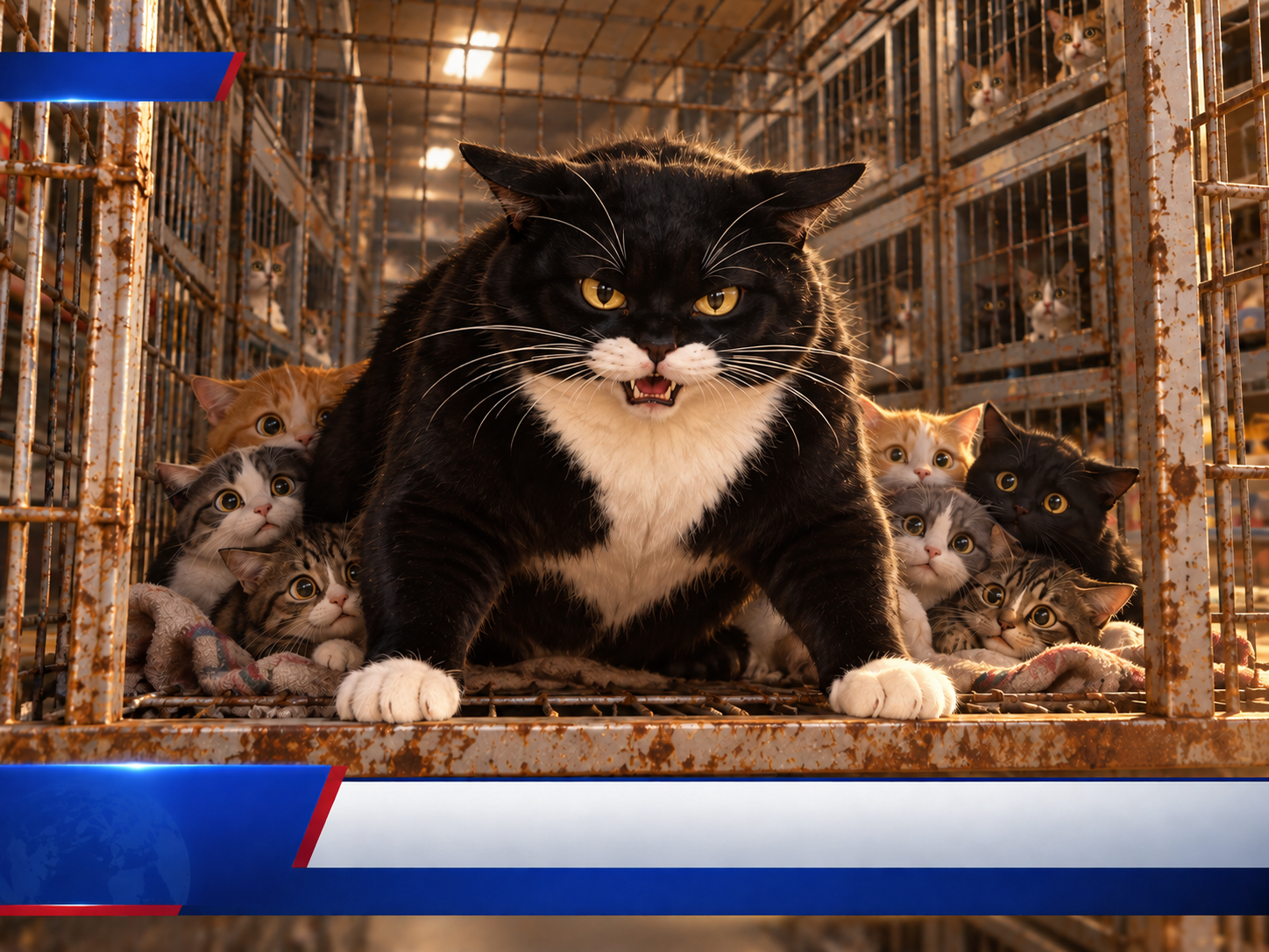 电视新闻画面中保护其他猫咪的警长